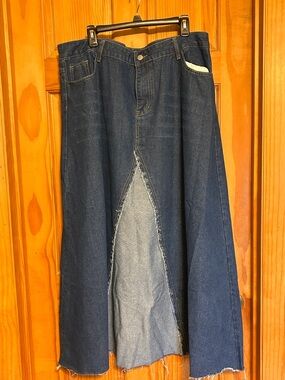 Dark Blue Denim Maxi Skirt with Front Panel Rough Cut Frayed Hem Size 3XL